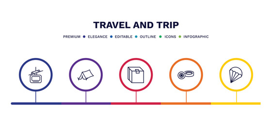 set of travel and trip thin line icons. travel and trip outline icons with infographic template. linear icons such as cable car, camping tent, packing, rubber, parasailing vector.