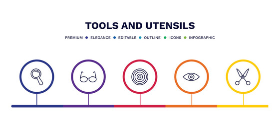set of tools and utensils thin line icons. tools and utensils outline icons with infographic template. linear icons such as magnifier, reading glasses, target circles, optical, shear vector.