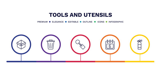 set of tools and utensils thin line icons. tools and utensils outline icons with infographic template. linear icons such as open black box, recycling bin, key ring, calendar with six days, flame