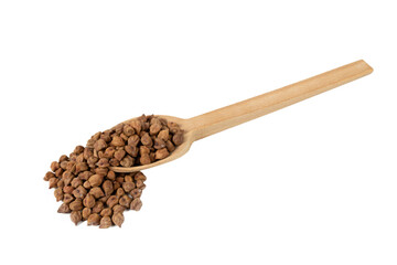 brown chickpeas on wooden spoon isolated on white background. nutrition. food ingredient.