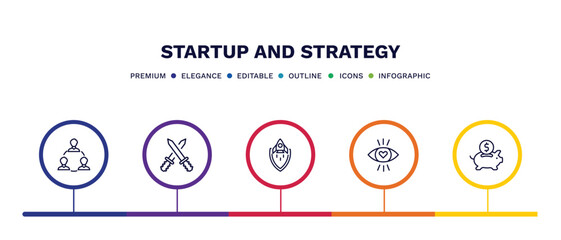 set of startup and strategy thin line icons. startup and strategy outline icons with infographic template. linear icons such as team, fight, startup shield, attractive, piggybank vector.