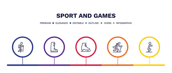 set of sport and games thin line icons. sport and games outline icons with infographic template. linear icons such as trekking, ski boots, ice skating, biathlon, squat vector.