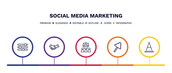 set of social media marketing thin line icons. social media marketing outline icons with infographic template. linear icons such as options, partner, conference, pixelated, letter color vector.