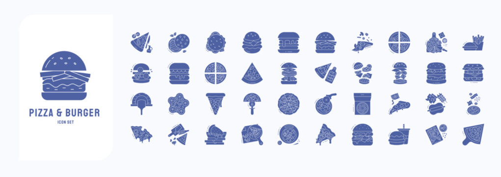 A collection sheet of solid icons for Pizza and Burger, including icons like Pizza, fries, burger, Monos and more