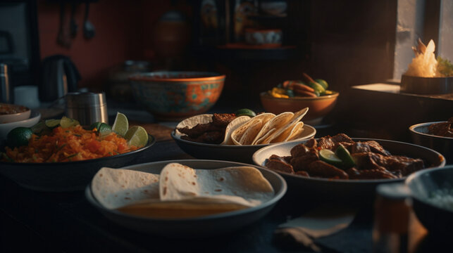 A Mexican taqueria with sizzling fajitas and handmad Generative AI 