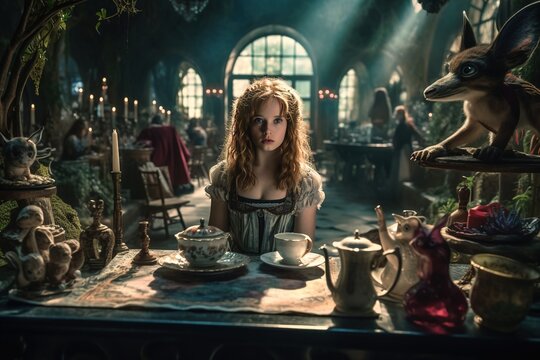 Story of the imagination Alice in Wonderland, White Herald rabbit, Cheshire Cat, fantastic forest landscape, mushrooms, ferns Looking Glass, Tea Party queen, playing cards. Generative AI