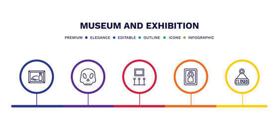 set of museum and exhibition thin line icons. museum and exhibition outline icons with infographic template. linear icons such as still life, anthropology, exhibition, el greco, closed vector.