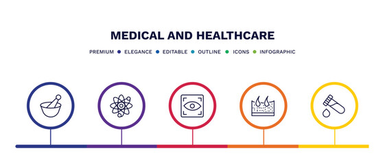 set of medical and healthcare thin line icons. medical and healthcare outline icons with infographic template. linear icons such as medicines bowl, atomic structure, eye scanner medical, dermis,