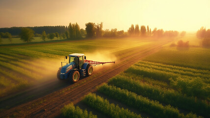 farmer spraying field of vegetables with tractor. Generative Ai