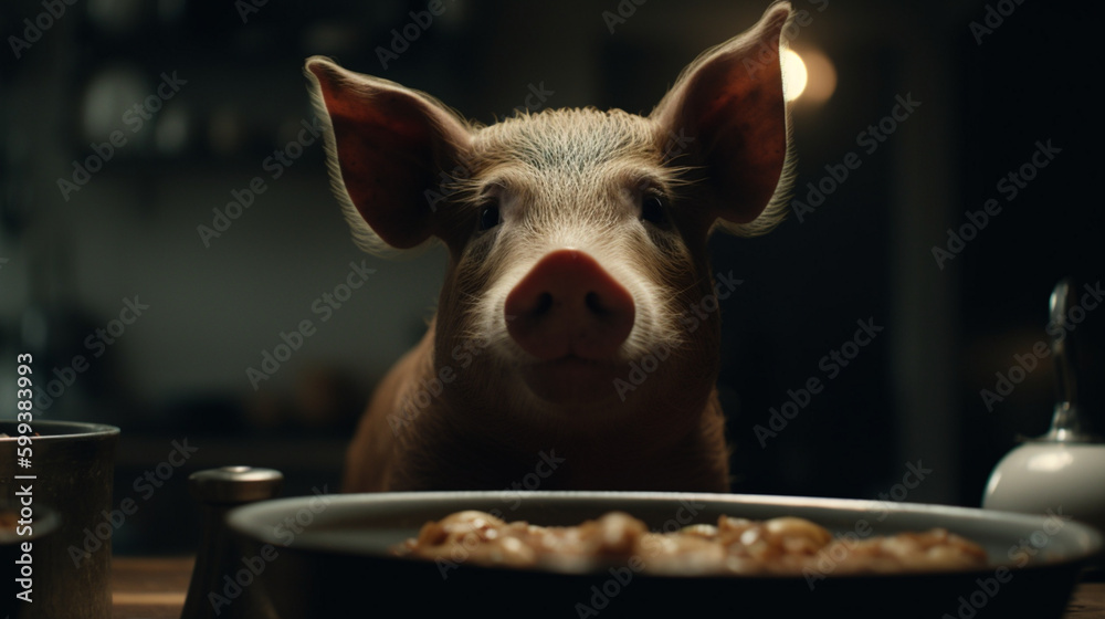 Wall mural Pig looking disgusted at a bowl of food Generative AI 