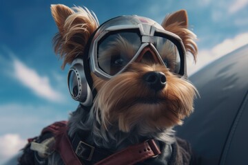 Photorealistic portrait of a dog yorkshire terrier skydiving, ai generative - obrazy, fototapety, plakaty