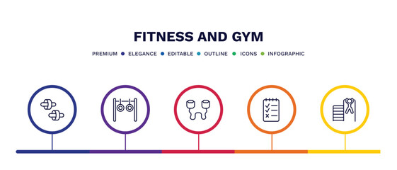 set of fitness and gym thin line icons. fitness and gym outline icons with infographic template. linear icons such as fitness wheel, rings exercises, resistance band, to do list, tightening bar