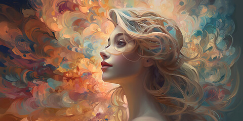 Gesicht einer schönen Frau im Blumenmeer mit fliegenden Haar Nahaufnahme, ai generativ
