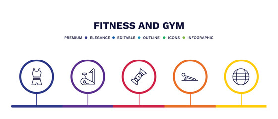 set of fitness and gym thin line icons. fitness and gym outline icons with infographic template. linear icons such as female sportwear, exercise bike, energy snack, push up, power ball vector.