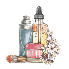 Cream, oil skin care, brush, flowers isolated on white background. Watercolor hand drawing illustration. Art for design - 599384191