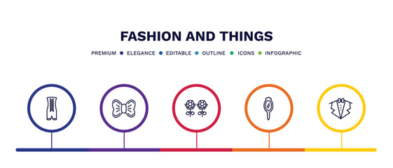 set of fashion and things thin line icons. fashion and things outline icons with infographic template. linear icons such as bandages, elegante, stud, mirrors, suit with bow tie vector.