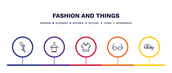 set of fashion and things thin line icons. fashion and things outline icons with infographic template. linear icons such as tights, cloth towel, safety shirt, eyewear, pirate scarf vector.