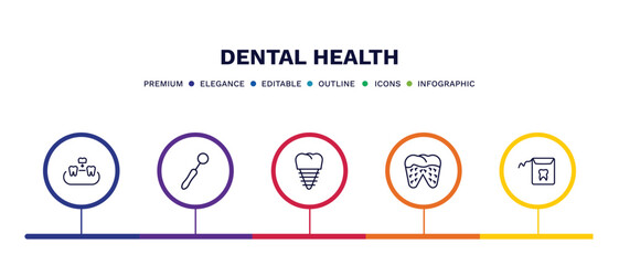 set of dental health thin line icons. dental health outline icons with infographic template. linear icons such as overdenture, dentist mirror, fake tooth, bacteria in mouth, dental floss vector.