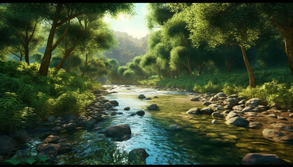 Nature forest desktop background with river beautiful landscape ai generative