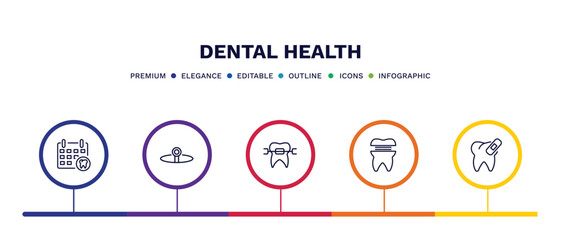 set of dental health thin line icons. dental health outline icons with infographic template. linear icons such as dental appointment, headlamp, brackets, molar crown, damaged tooth vector.