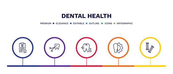 set of dental health thin line icons. dental health outline icons with infographic template. linear icons such as medical list, tooth extraction, breath, apicoectomy, chewing gum vector.