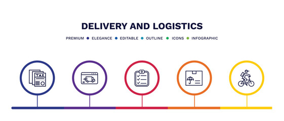 set of delivery and logistics thin line icons. delivery and logistics outline icons with infographic template. linear icons such as tax free, delivery by website, clipboard, logistic protection, by