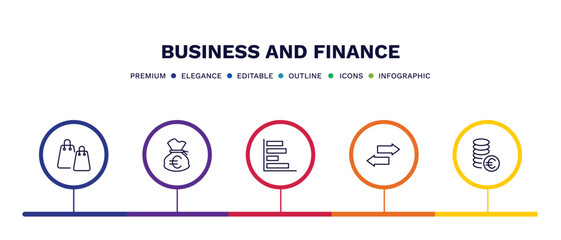 set of business and finance thin line icons. business and finance outline icons with infographic template. linear icons such as two shopping bags, euro money bag, horizontal bar chart, two way