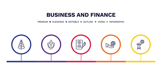 set of business and finance thin line icons. business and finance outline icons with infographic template. linear icons such as stats pyramid, dollar money protection, bailment, hand with money