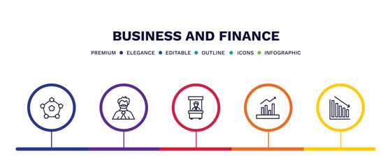set of business and finance thin line icons. business and finance outline icons with infographic template. linear icons such as item interconnections, man with moustach, bank teller, marketing