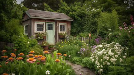 Fototapeta na wymiar A quaint garden shed surrounded by a beautiful array of blooming flowers and plants.