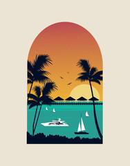 Decoration of tropical beach and boats on sunset. Vector illustration
