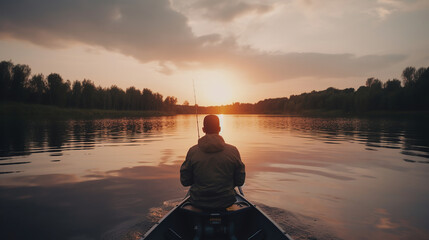 Naklejka na ściany i meble Young man fishing on a lake from the boat at sunset. Generative Ai
