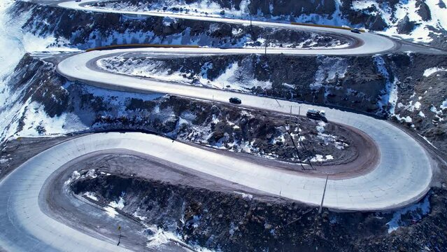 Famous Winding Road At Andes Mountains Santiago Chile. Road Freeway. Mountains Andes Farellones Portillo. Mountains Exterior Farellones Andes Skyline. Mountains Portillo Background Mountain.