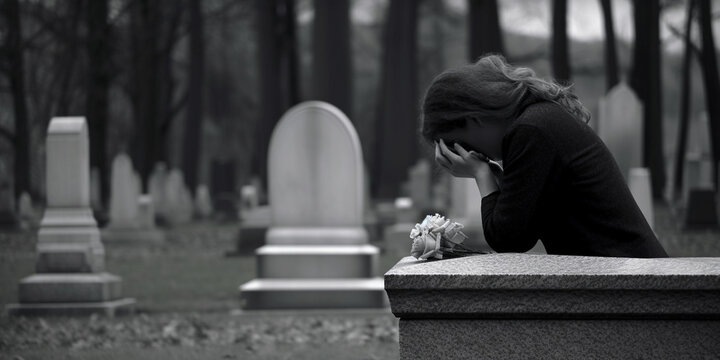 Frau trauert und deprimiert am Friedhof, ai generativ