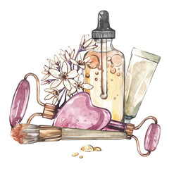 Massager gua sha, oil skin care, brush, flowers isolated on white. Watercolor hand drawing illustration. Art for design