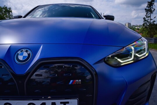 BMW i4 M50. Fully electric powerful and luxurious car. Front design. 06-10-2022, Prague, Czech Republic.