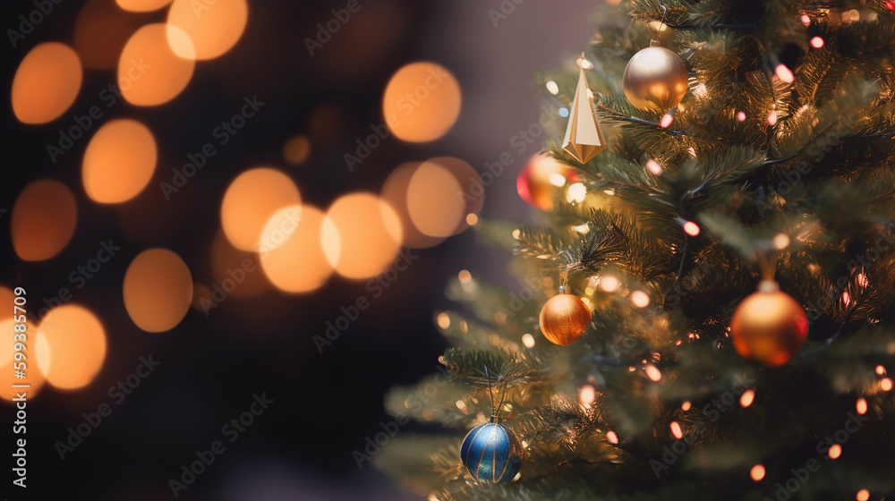 Wall mural decorated christmas tree with bokeh background. generative ai