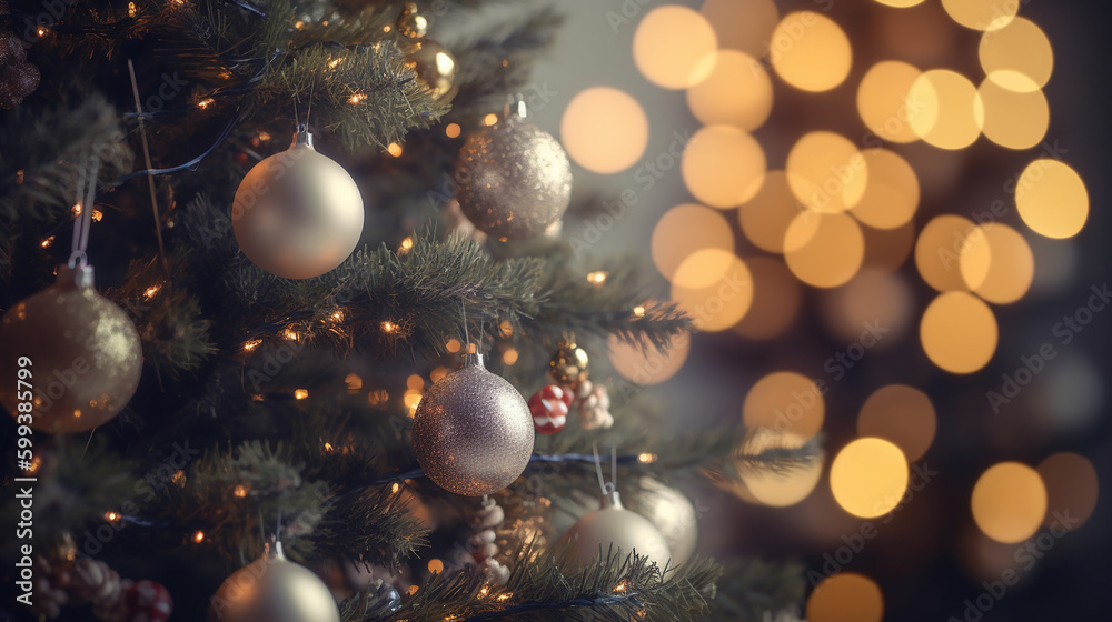 Wall mural decorated christmas tree with bokeh background. generative ai
