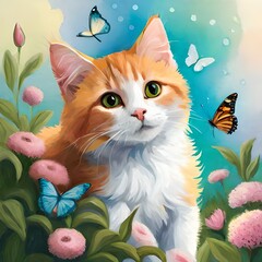 Oil painting of cat and flowers. Generative AI