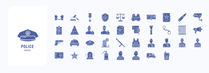 A collection sheet of solid icons for Police and Law, including icons like Arrest, Auction, Bullet, Binoculars and more © Icongeek26