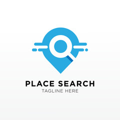 Place search logo. address pointer and loupe. Travel agency and location map vector.