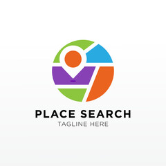 Place search logo. address pointer and loupe. Travel agency and location map vector.