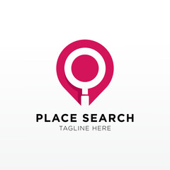 Place search logo. address pointer and loupe. Travel agency and location map vector.