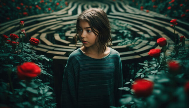 M&auml;dchen in einem Wildgarten mit roten Rosen und einem Gartenlabyrinth im Hintergrund, generative AI