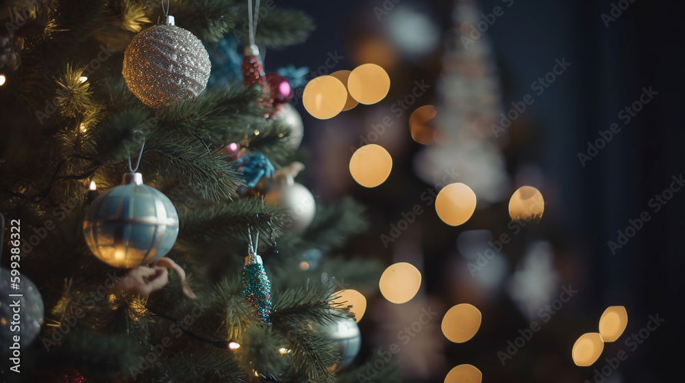 Wall mural decorated christmas tree with bokeh background. generative ai