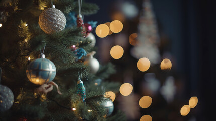 Decorated christmas tree with bokeh background. Generative Ai