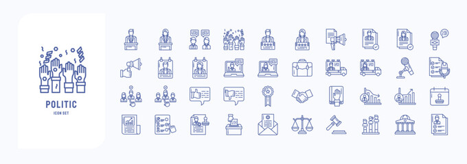 A collection sheet of outline icons for Politic, including icons like Speaking, campaign, voting, and more
