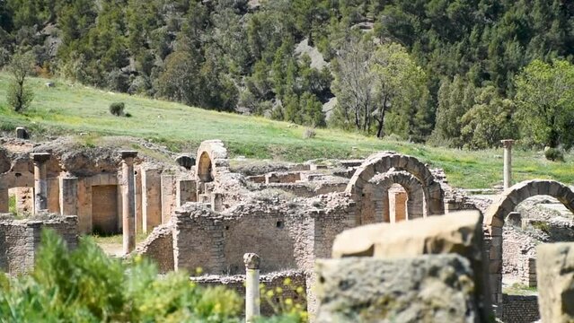 View of Roman arches in the ancient city of Cuicul-Djemila. UNESCO world heritage site. Setif, Algeria