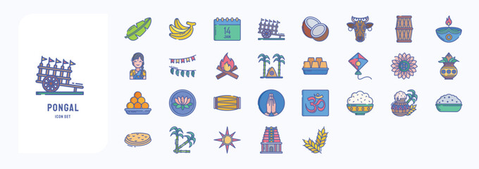 A collection sheet of linear color icons for Pongal festival, including icons like Cow, Diya, Kite and more