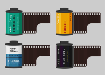 set of retro vector, film roll, set of vintage Camera photo film container, Camera vintage film roll cartridge icon isolated on color background. 35mm film canister. Filmstrip photographer equipment